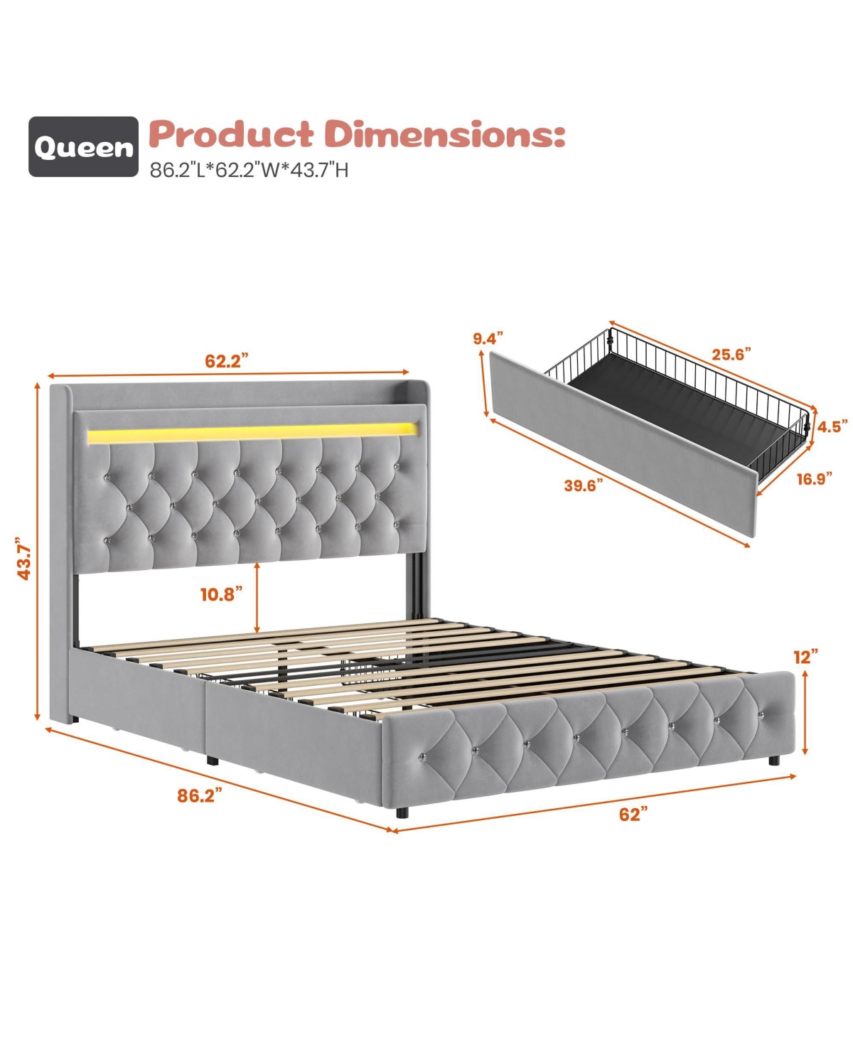 homfan Upholstered Led Bed Frame, Storage Headboard, Charging Station and 2 Drawers, Velvet Princess Platform for Kids, Support