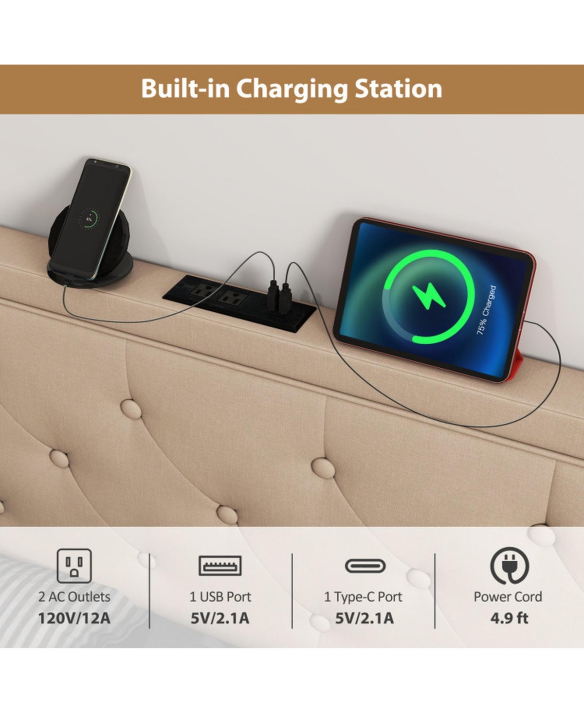 Sugift Tufted Upholstered Headboard for Full and Queen Bed with Usb Charging Ports