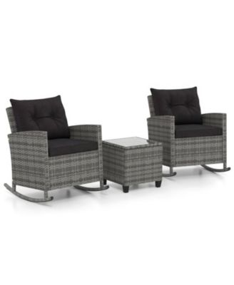 3-Piece Patio Rattan Rocking Chair Set with Tempered Glass Side Table