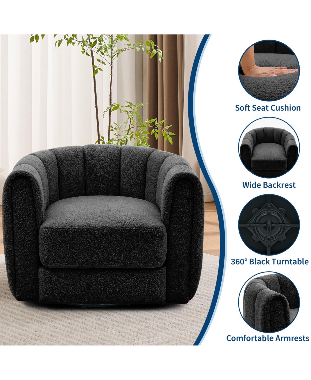 homfan Modern Swivel Barrel Accent Chair, 360degrees) Upholstered Armchair With Striped Backrest And Plush Padding, Round Lounge