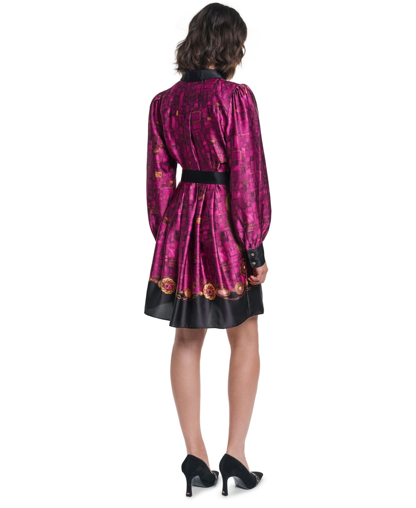 Женское платье KARL LAGERFELD PARIS Petite B.F. Collared Long-Sleeve Belted Shirt Dress, цвет: Вишнёвый комбинированный — фото 5