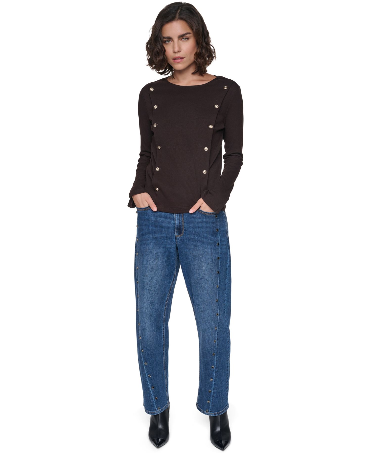 Petite Ribbed Long-Sleeve Button-Detail Knit Top