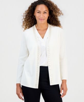Petite Long-Sleeve Open-Front Embellished Cardigan