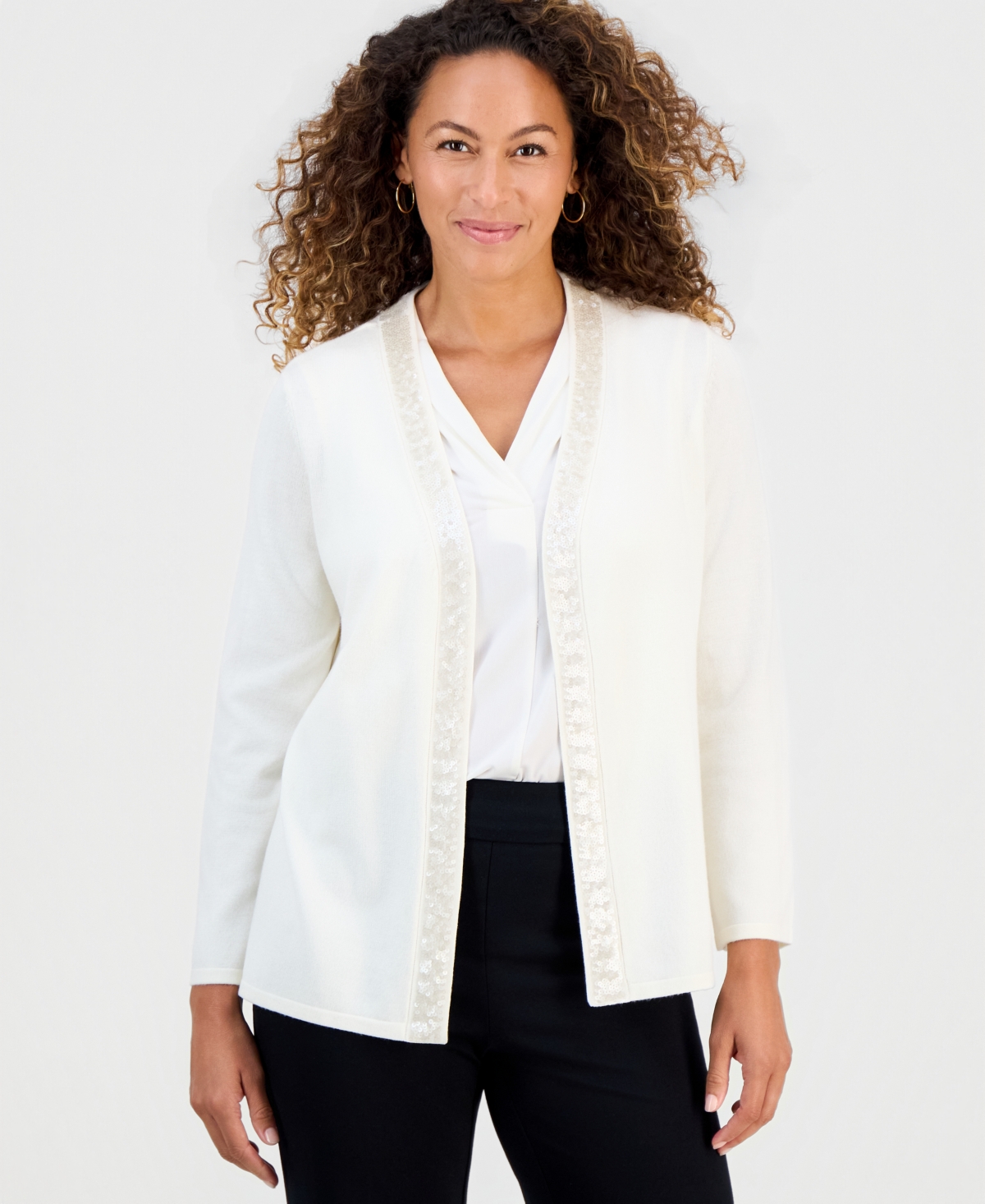 Jm Collection Petite Long-Sleeve Open-Front Embellished Cardigan, Macy's Exclusive