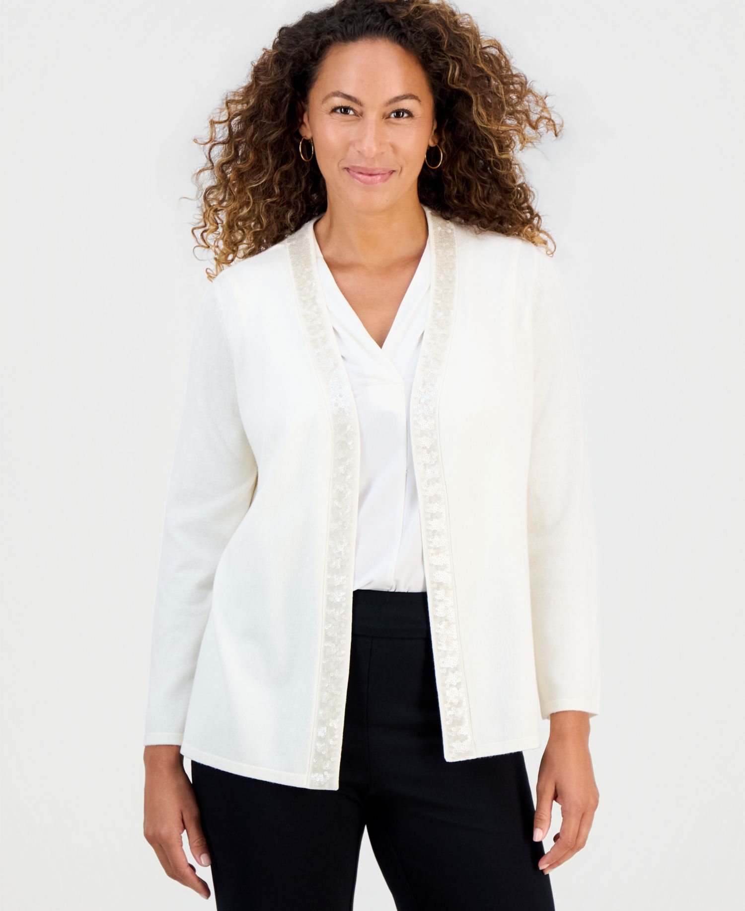 Petite Long-Sleeve Open-Front Embellished Cardigan