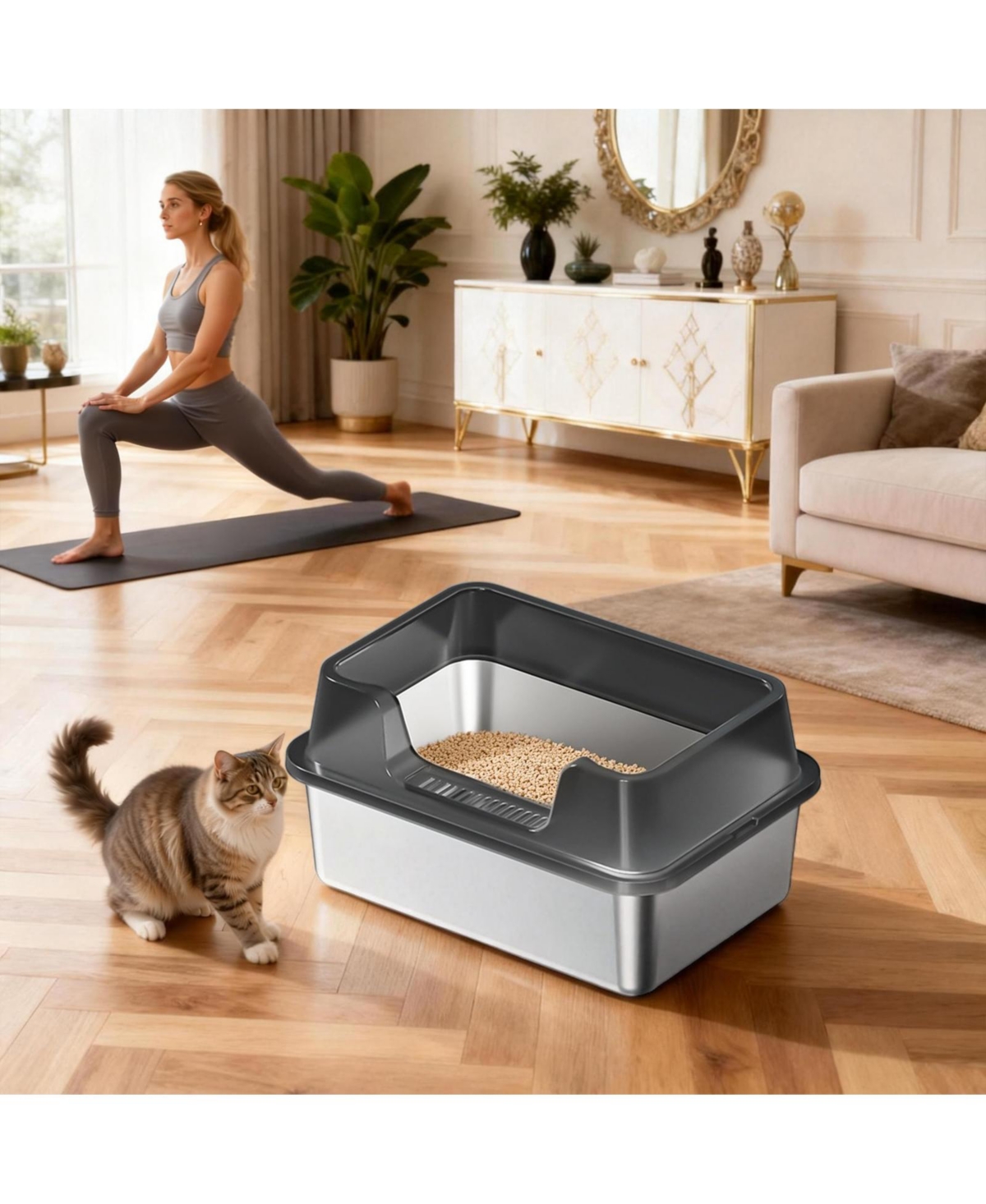 homfan High Sided and Non-Stick Stainless Steel Cat Litter Box, Extra Large, Odor Resistant, Anti-Leak, Easy to Clean, Non-Slip Base for Cat