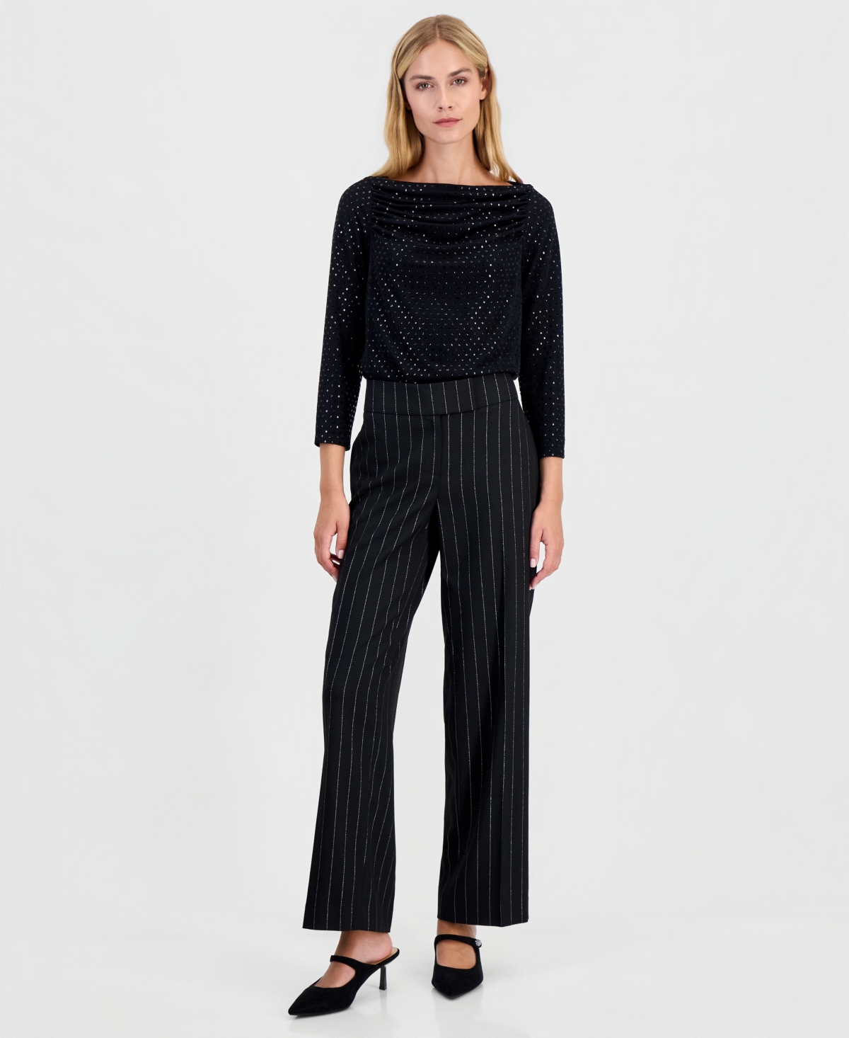 Kasper Women's Ava Pinstripe Mid Rise Wide Leg Pant