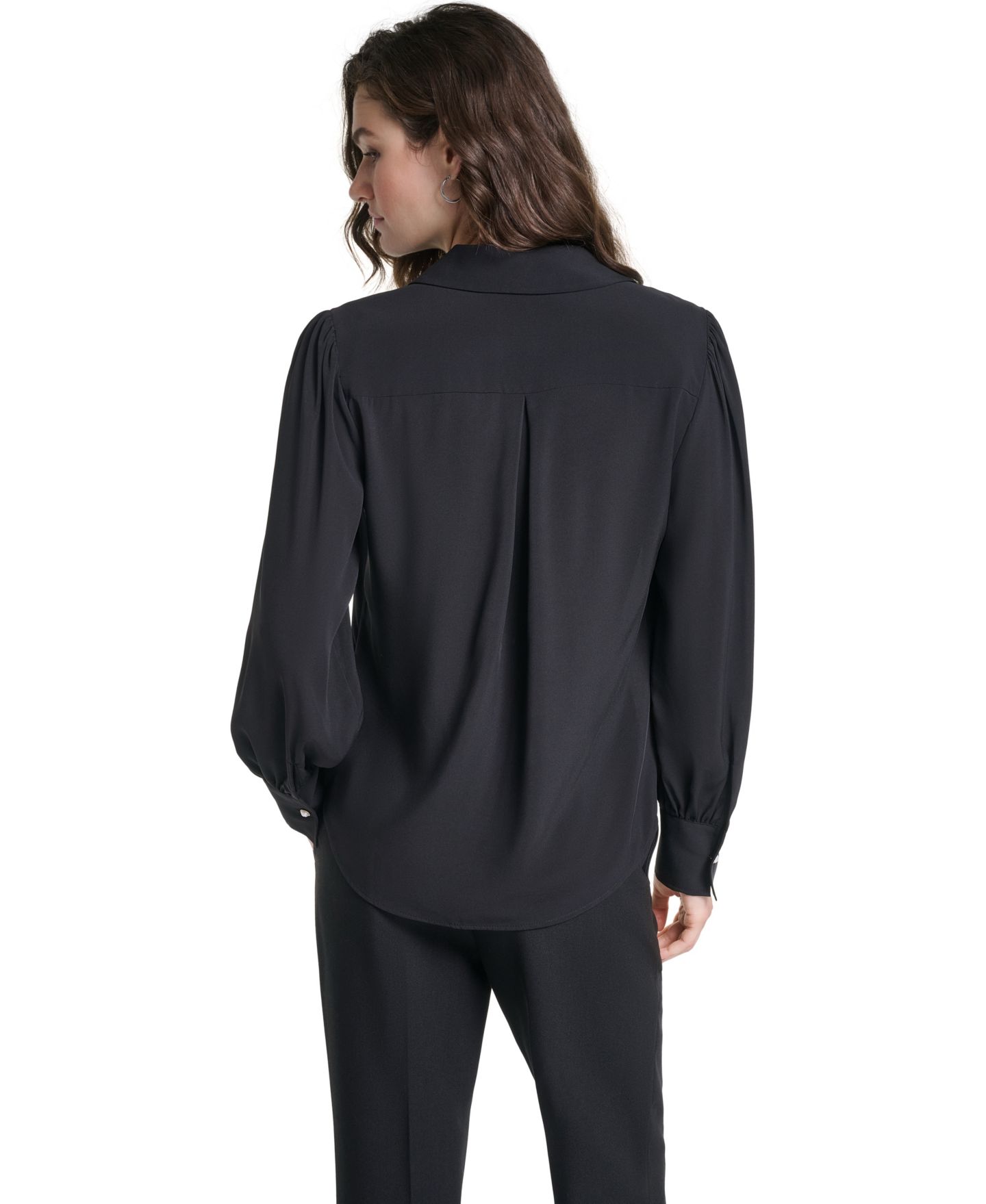 Женская блузка KARL LAGERFELD PARIS Petite Long-Sleeve Collared Blouse, цвет: Чёрный — фото 4