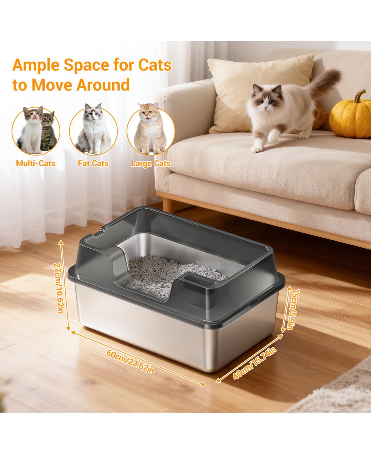 homfan Stainless Steel Enclosed Box with Lid, High-Sided Leak-Proof Pan for Large and Multi-Cat Homes, Non-Stick Odor Control, Easy Clean Scoop