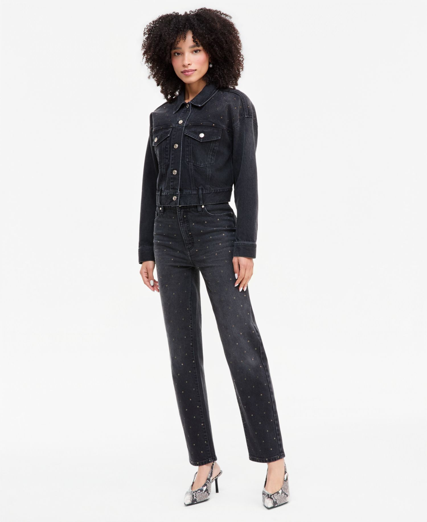 Women's Embellished Stud Cropped Trucker Denim Jacket