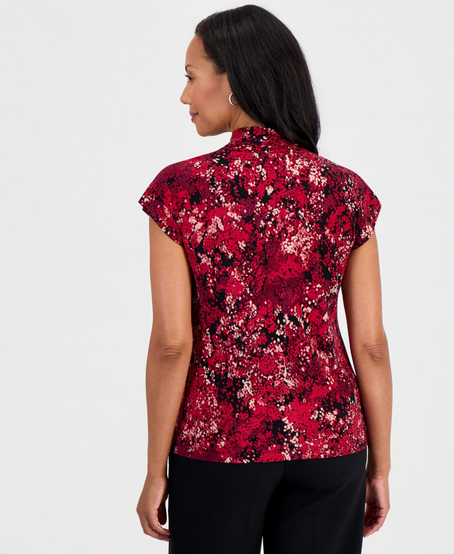 Petite Funnel Neck Cap-Sleeve Print Blouse