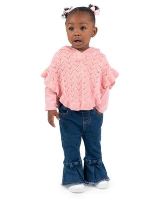 Baby Girls' Poncho Long-Sleeve Sweater and Denim Pants, 2-Piece Set
