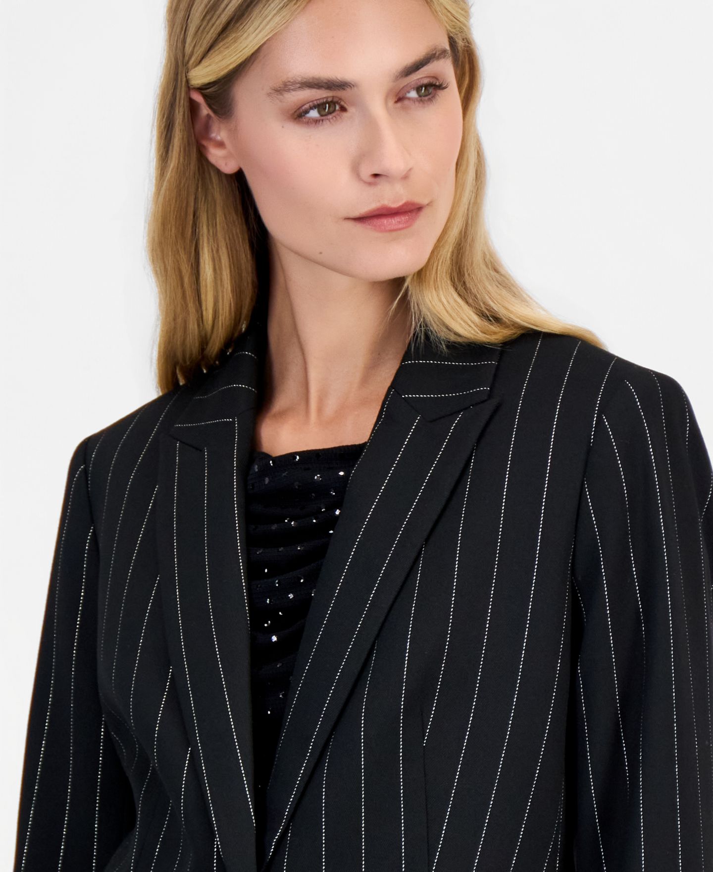 Женский пиджак Kasper Pinstripe One Button Slant Pocket Blazer, цвет: Чёрный / Серебряный — фото 2