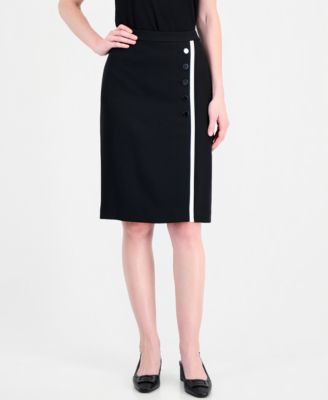 Women's Crepe Contrast Trim Faux Wrap Button Detail Pencil Skirt