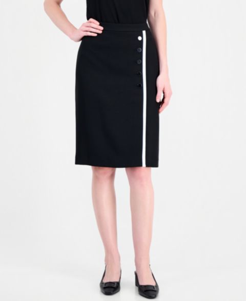 Женская юбка Kasper Crepe Contrast Trim Faux Wrap Button Detail Pencil, цвет: Чёрный / Ванильный ледяной