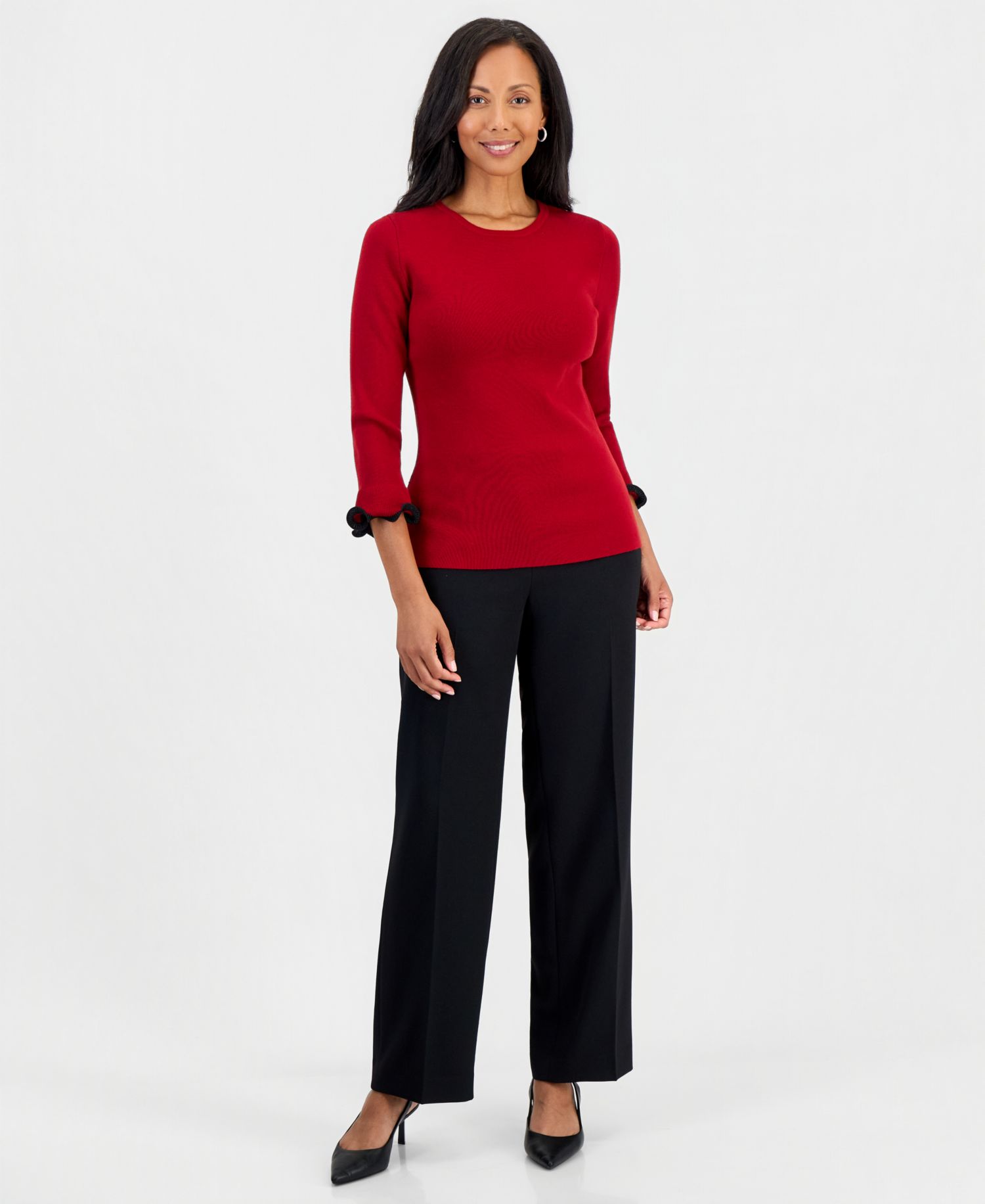 Petite Crew Neck Sculptural Cuff 3/4-Sleeve Sweater