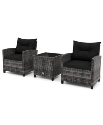 3-Piece Outdoor PE Rattan Conversation Set with Tempered Glass Table