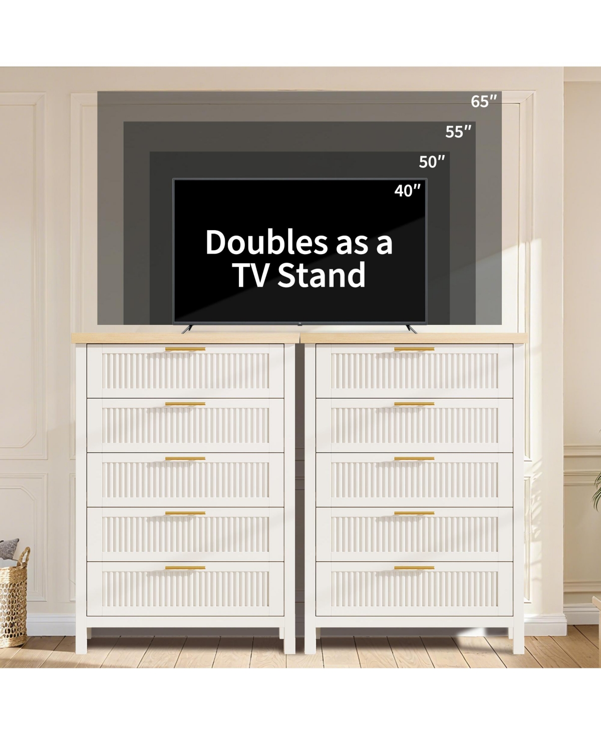 homfan 42.9" Tall Fluted 5-Drawer Dresser, Wooden Clothes Storage Organizer and Tv Stand for Bedroom
