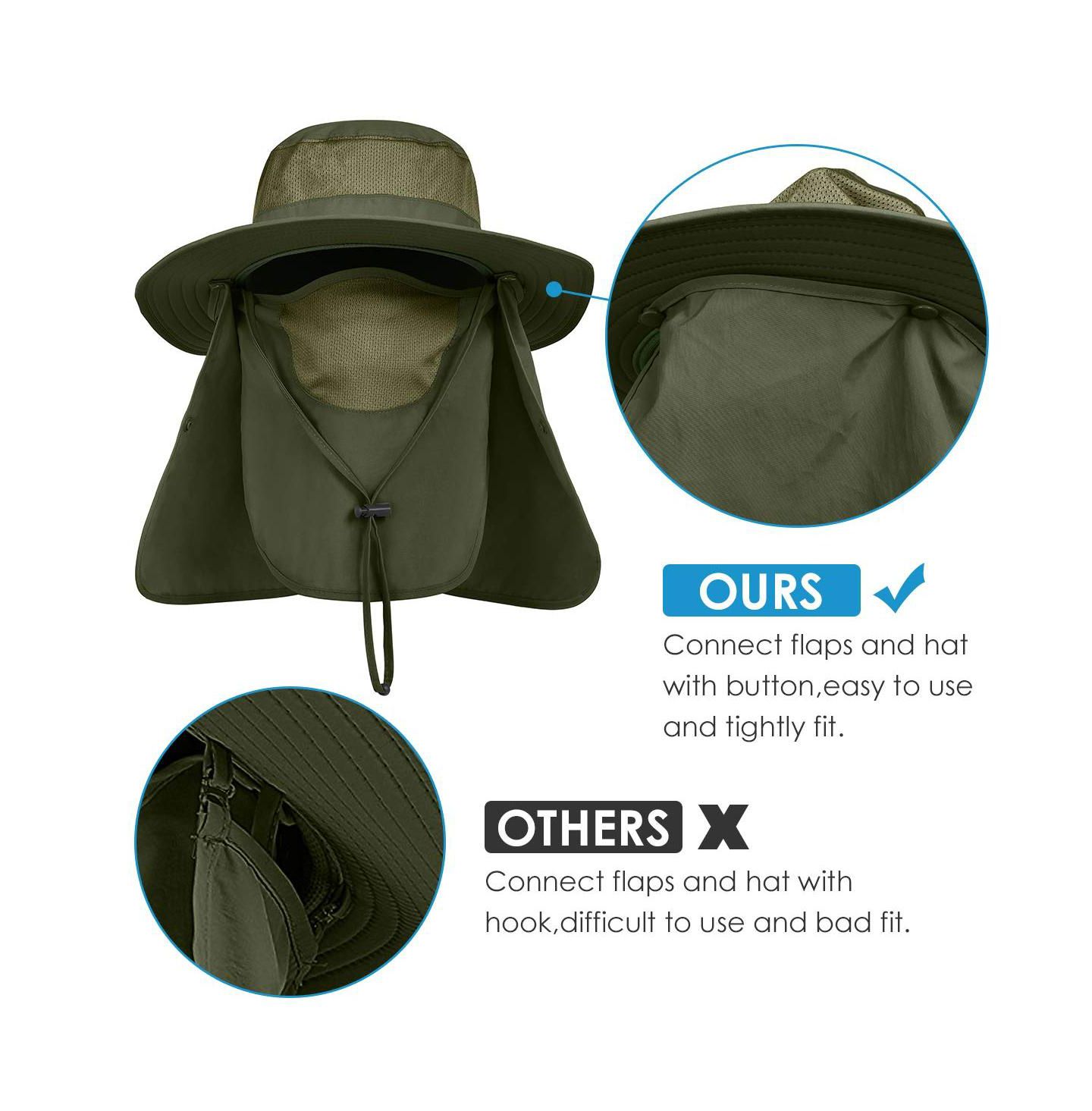 Мужской головной убор Piscifun Outdoor Sun Hat Wide Brim UPF 50+ Face Neck Flap Fishing Hiking Gardening, цвет: Армейский зелёный — фото 5