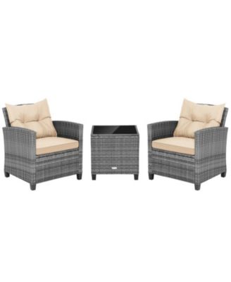 3-Piece Outdoor Wicker Conversation Set with Tempered Glass Coffee Table