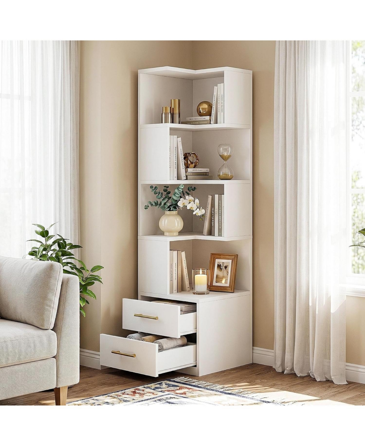 Tribesigns 5-Tier Corner Bookshelf with 2 Drawers