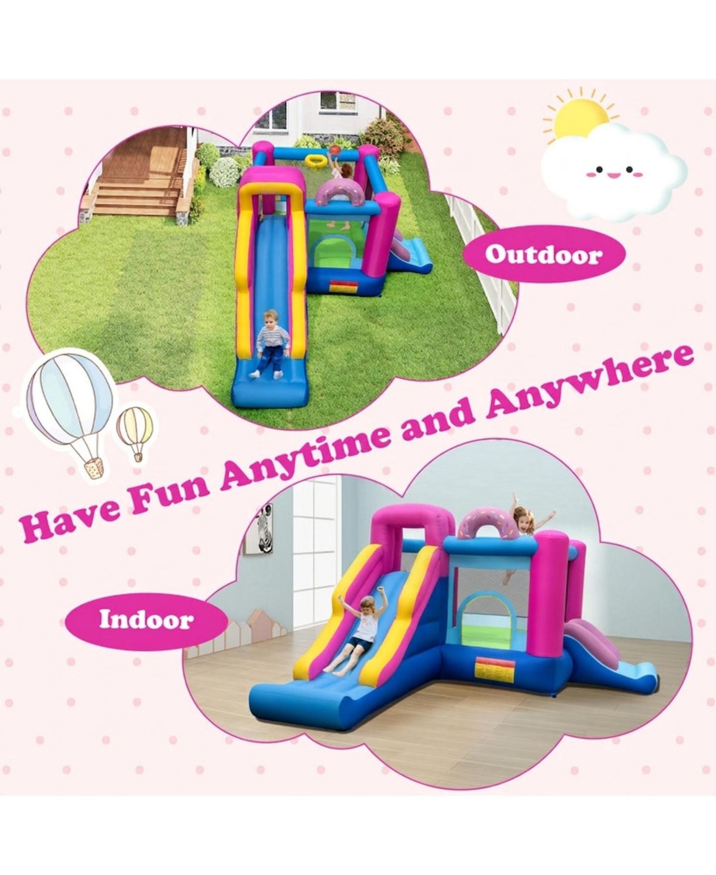 Детские игрушки HONGGE Inflatable Bounce House with Dual Slides and Basketball Hoop, 179" x 133" x 79", Ages 3-12, цвет: Розовый — фото 6