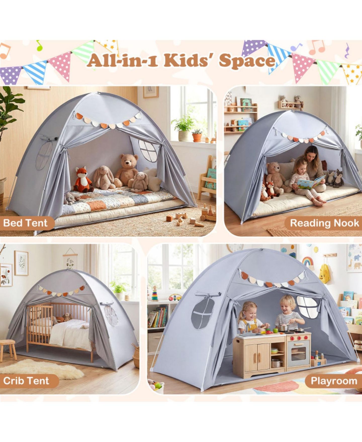 Детская игрушка HONGGE Machine-Washable Indoor Twin-Size Canopy Tent, Ages 3+, цвет: Меланжевый серый — фото 5