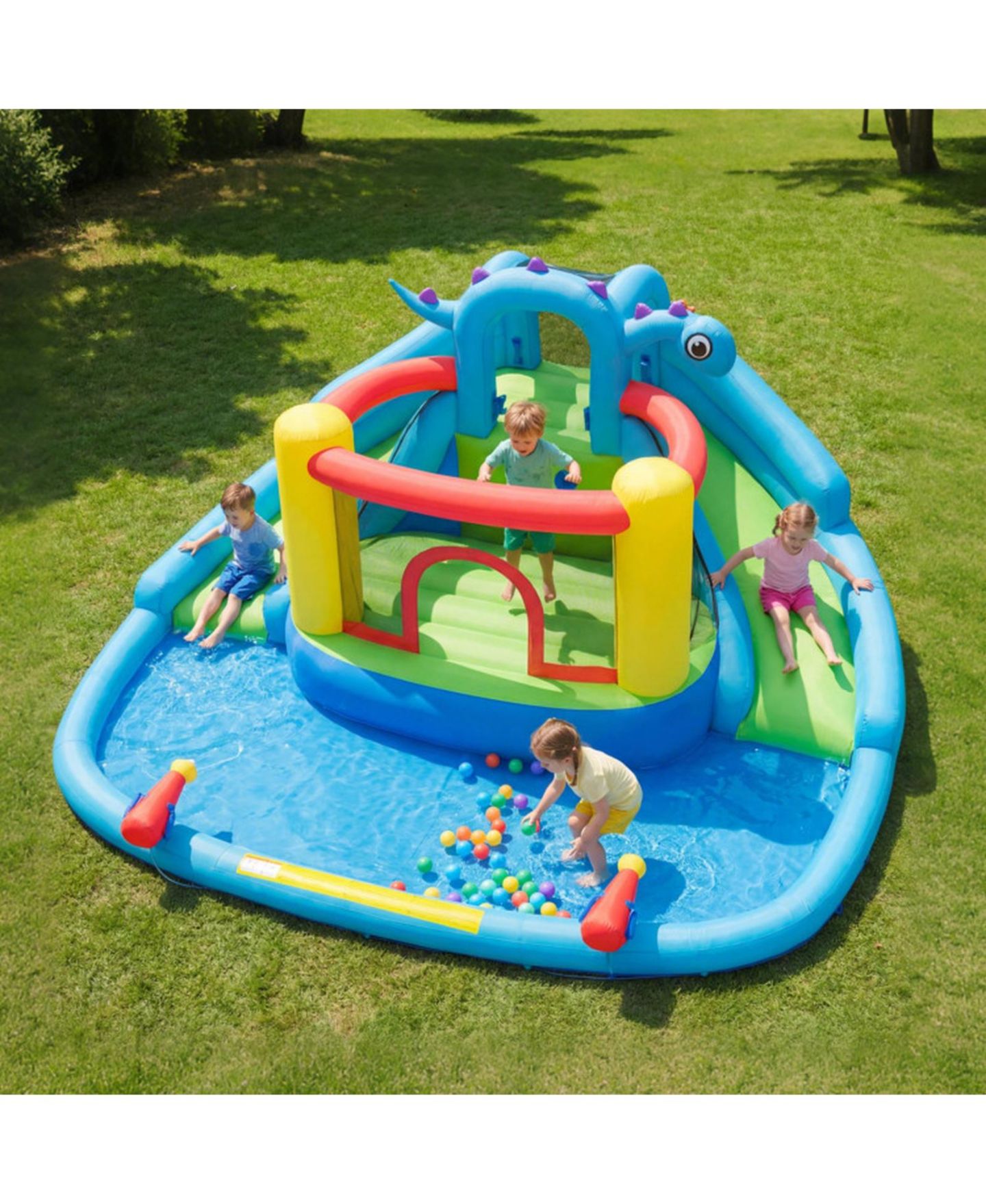 Детские игрушки HONGGE Dinosaur Inflatable Water Slide Bounce House with Double Slides and Splash Pool, Oxford Cloth, Holds 3 Players, Ages 3-10, цвет: Зелёный — фото 2