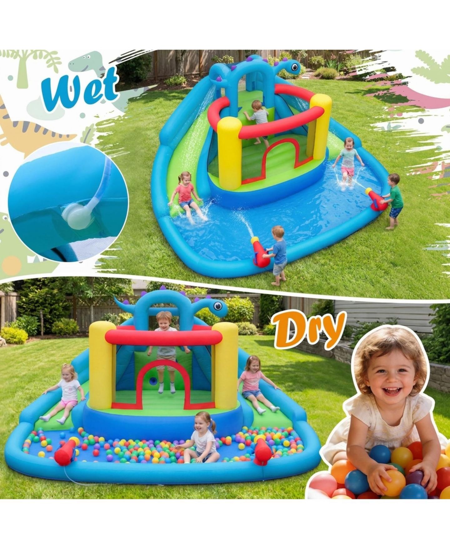 Детские игрушки HONGGE Dinosaur Inflatable Water Slide Bounce House with Double Slides and Splash Pool, Oxford Cloth, Holds 3 Players, Ages 3-10, цвет: Зелёный — фото 9
