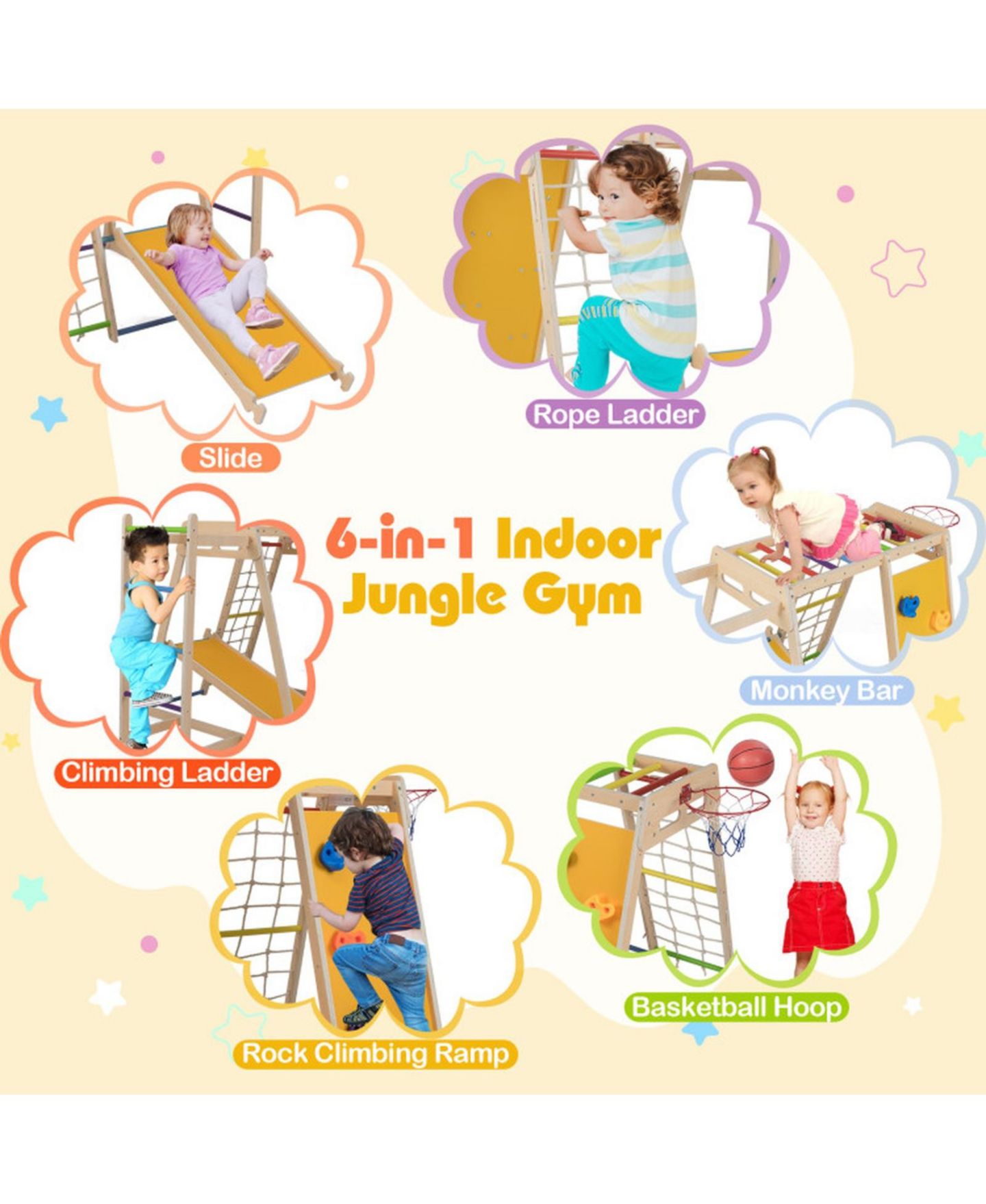 Детская игрушка HONGGE 6-in-1 Kids Indoor Jungle Gym with Slide and Climbing Wall Ages 3-14, цвет: Жёлтый — фото 8