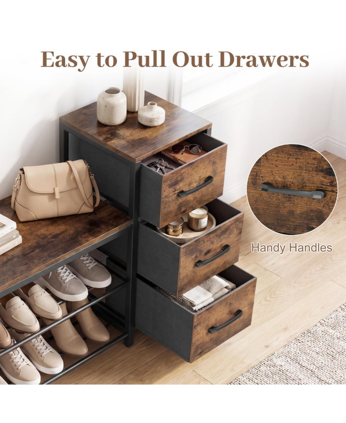 Sugift 3-Tier Industrial Shoe Bench with 3 Removable Fabric Drawers and Anti-Toppling Kits