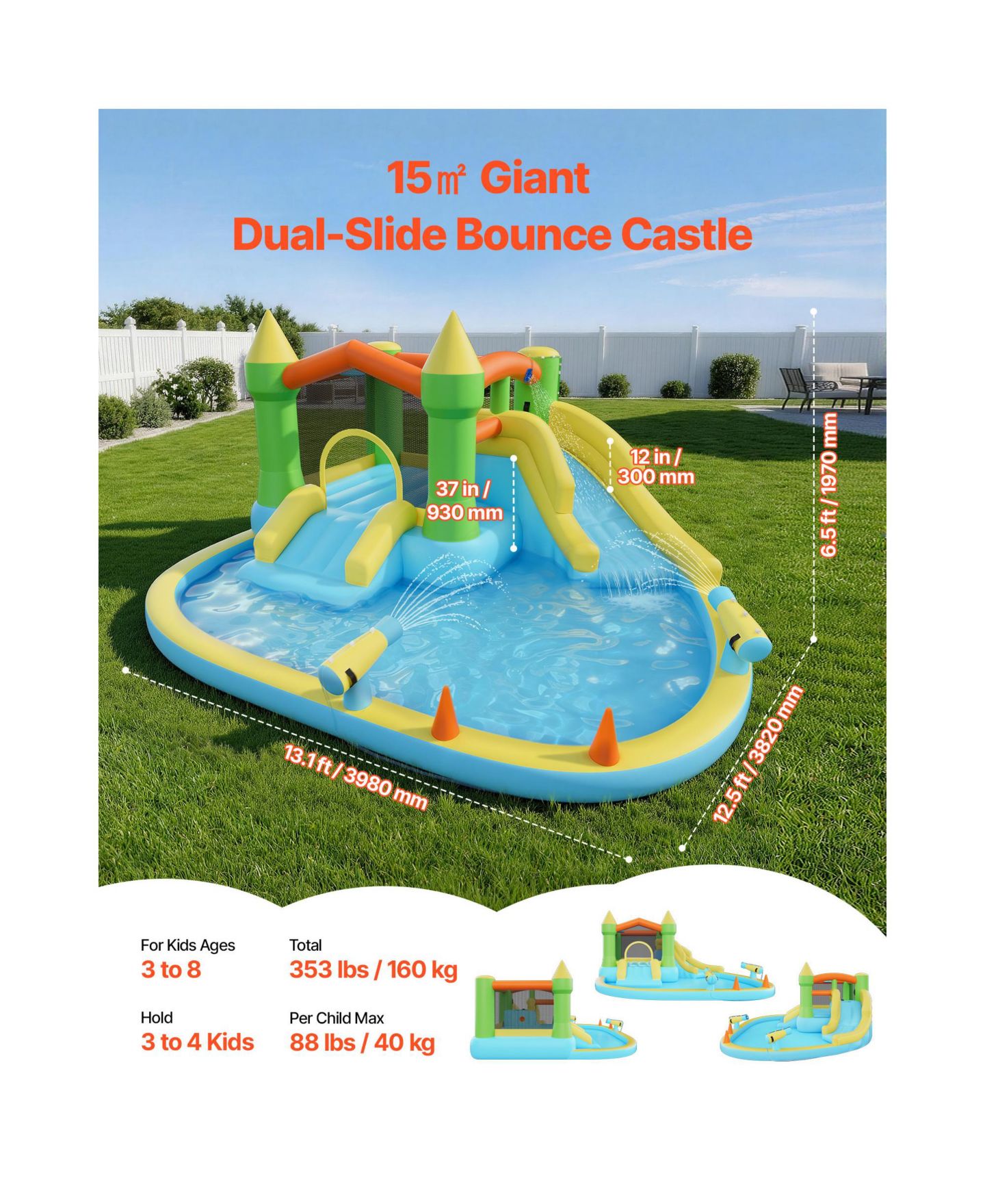 Детская игрушка HONGGE 12.5 Feet Inflatable Bounce House with Water Slide and Splash Pool, 353 lb Capacity, Ages 3-8, цвет: Синий / Зелёный — фото 2