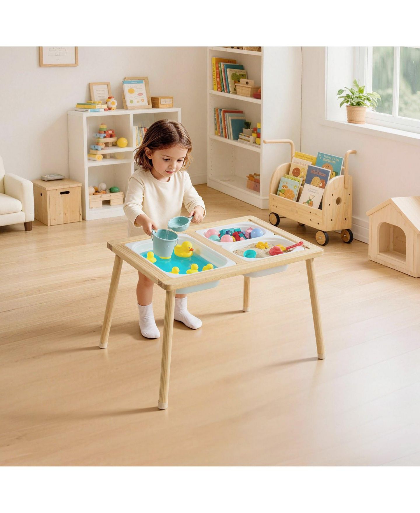 Детская игрушка HONGGE Reversible Wooden Sensory-Play Activity Table, от 3 лет, цвет: Натуральный сосновый — фото 2