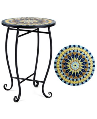 14in Floral Mosaic Patio Accent End Table with Metal Frame