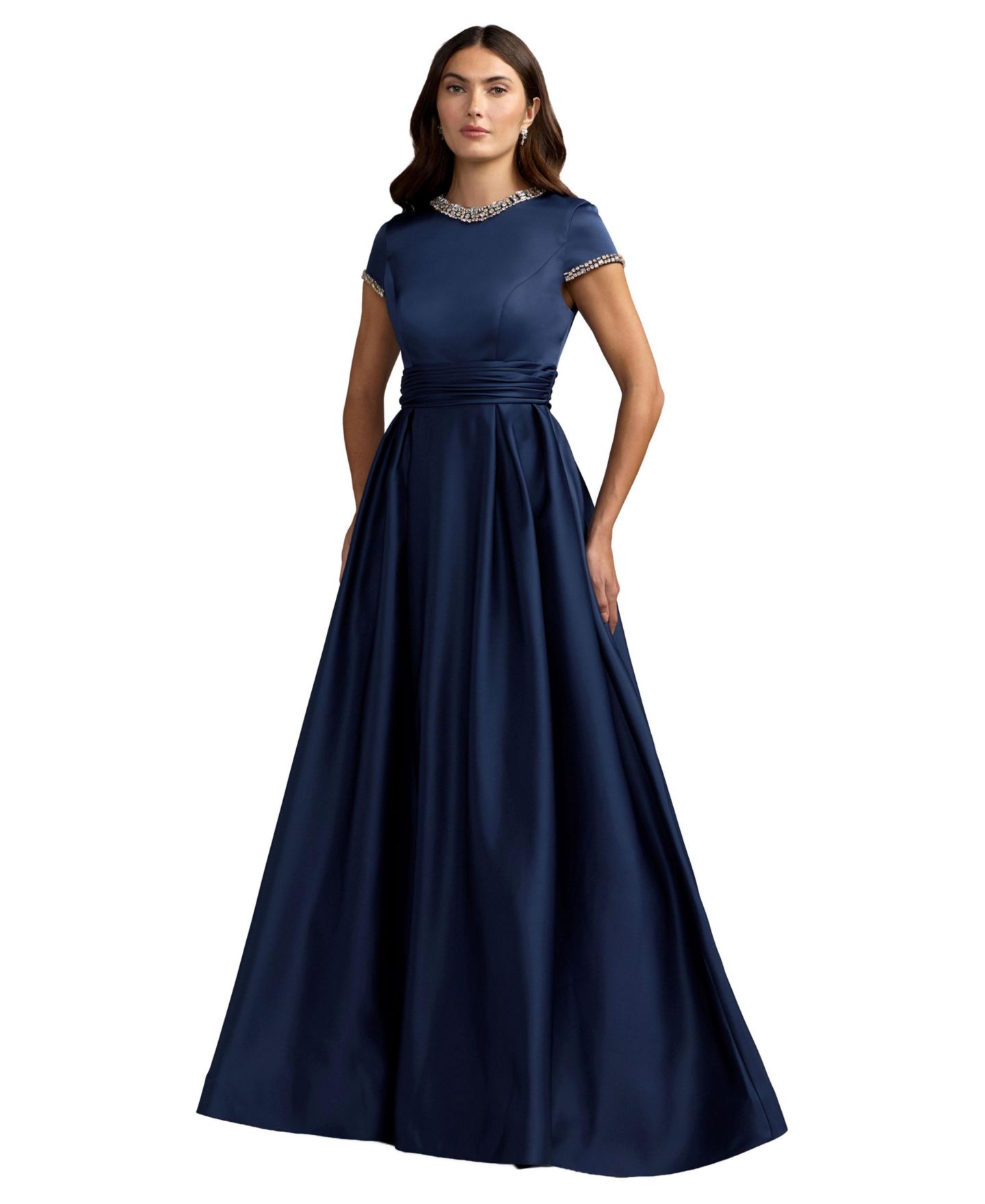 Женская кепка Mac Duggal Embellished Satin Cap Sleeve Ball Gown, цвет: Тёмно-синий — фото 1