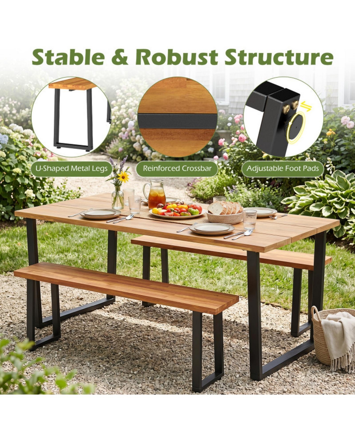 Sugift Set of 2 Wood Patio Dining Benches 47.5 Inch Long for Entryway Poolside