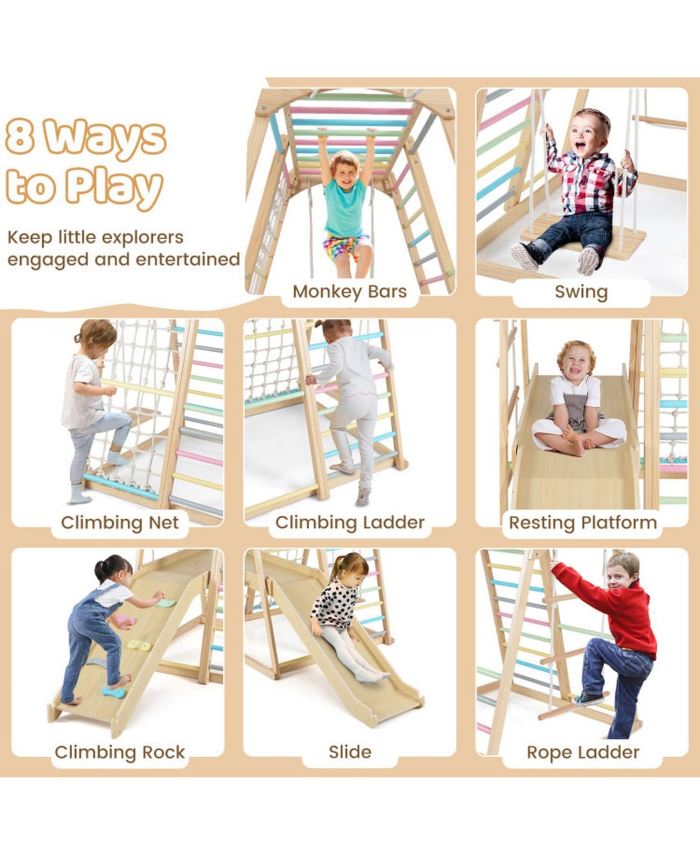 Детский игровой набор SUGIFT 8-in-1 Wooden Climber Playset with Slide & Monkey Bars, Ages 3-5, цвет: Open Miscellaneous — фото 4