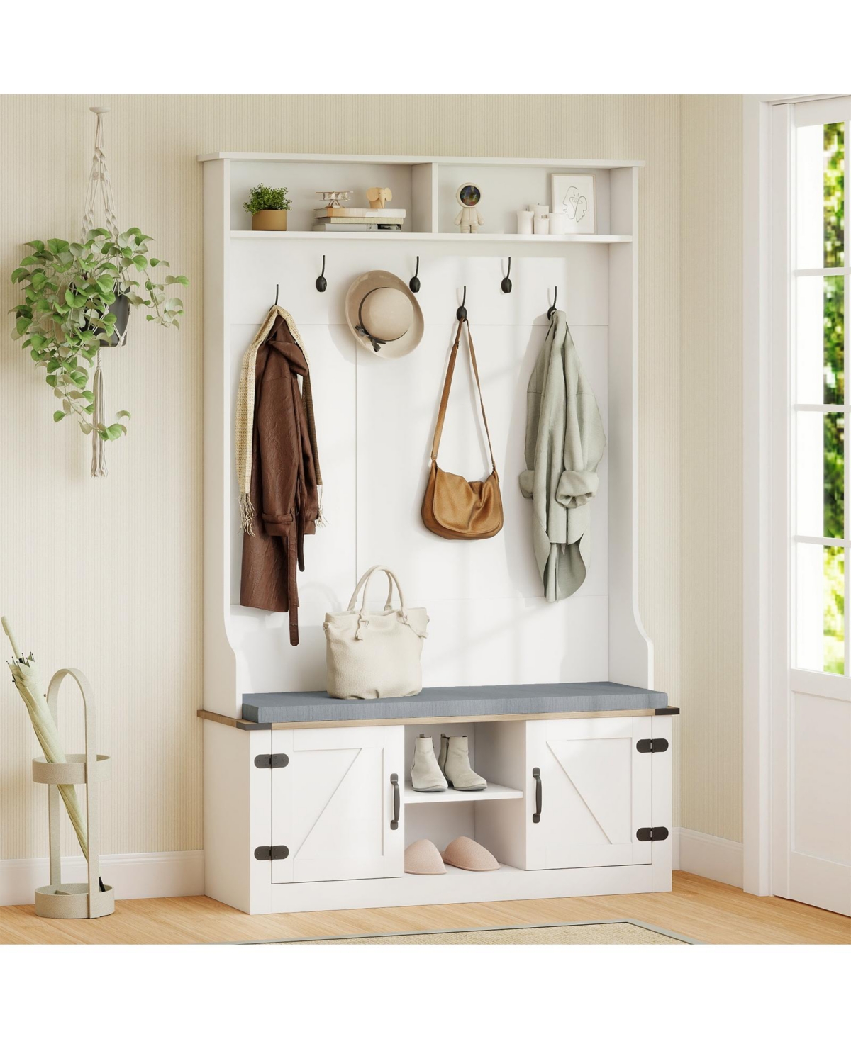 Sugift 4-in-1 68.5in Hall Tree Coat Rack with Cushioned Bench Shoe Storage and 7 Hooks
