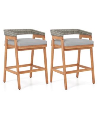 Set of 2 Patio Counter Height Bar Stools with Cushions PE Wicker Backrests