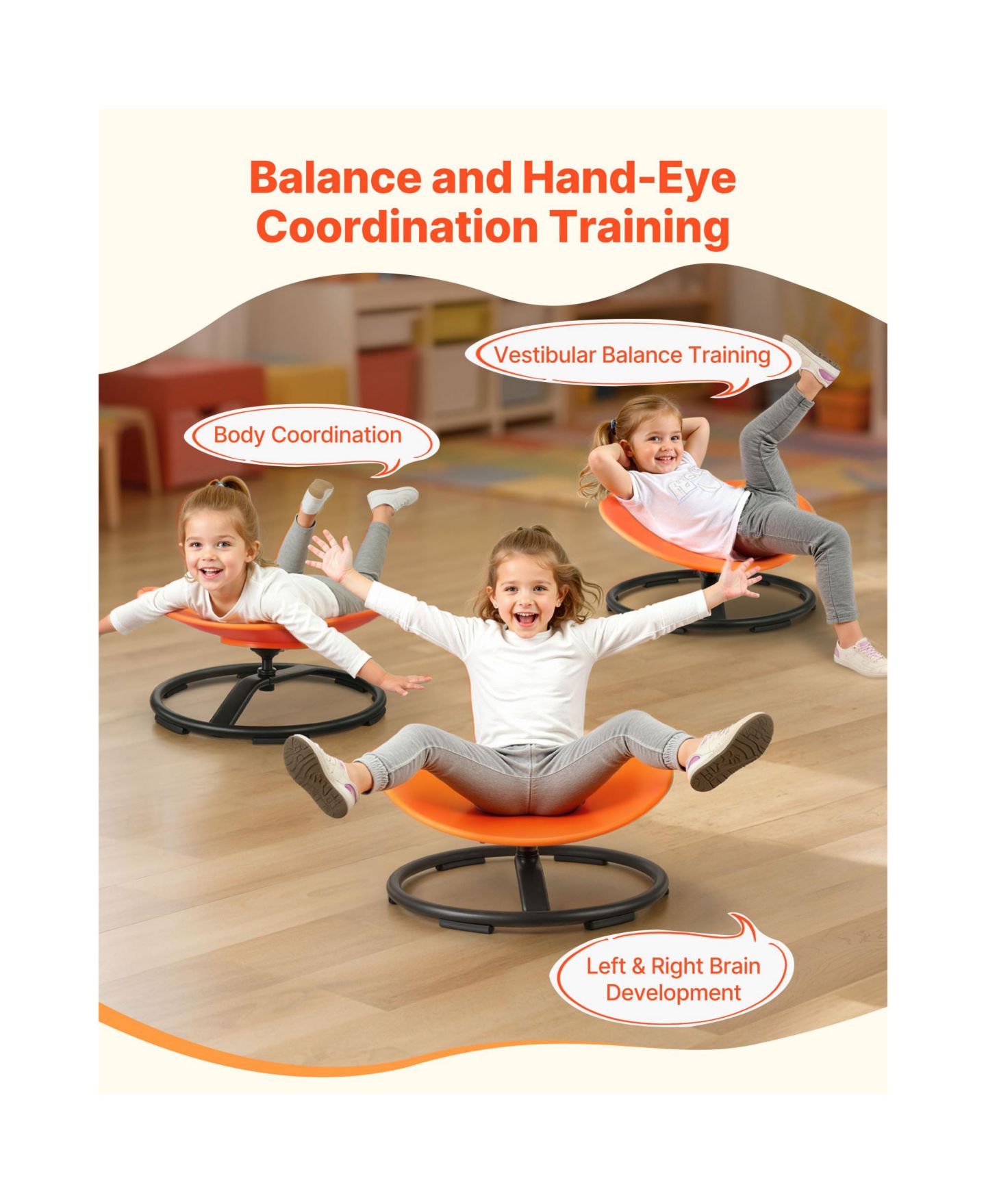 Детская игрушка HONGGE Sensory Spinning Chair with Non-Slip Metal Base, Builds Balance and Core Control, Ages 3-12, цвет: Оранжевый — фото 3