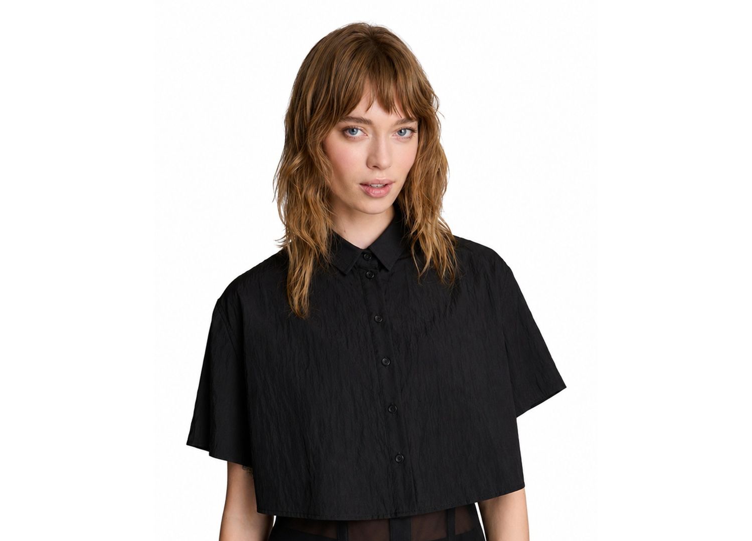 Women's Short Sleeve Cropped Boxy Button-Down Shirt with Corset Underlayer