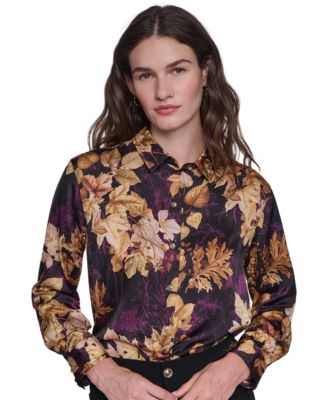 Petite Floral Printed Long-Sleeve Satin Blouse