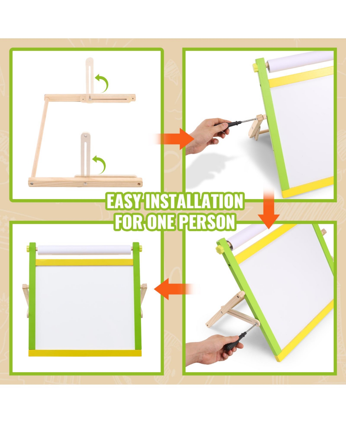 Sugift 3-in-1 Wooden Double-Sided Kids Art Easel with Magnetic Board Chalkboard Paper Roll Foldable