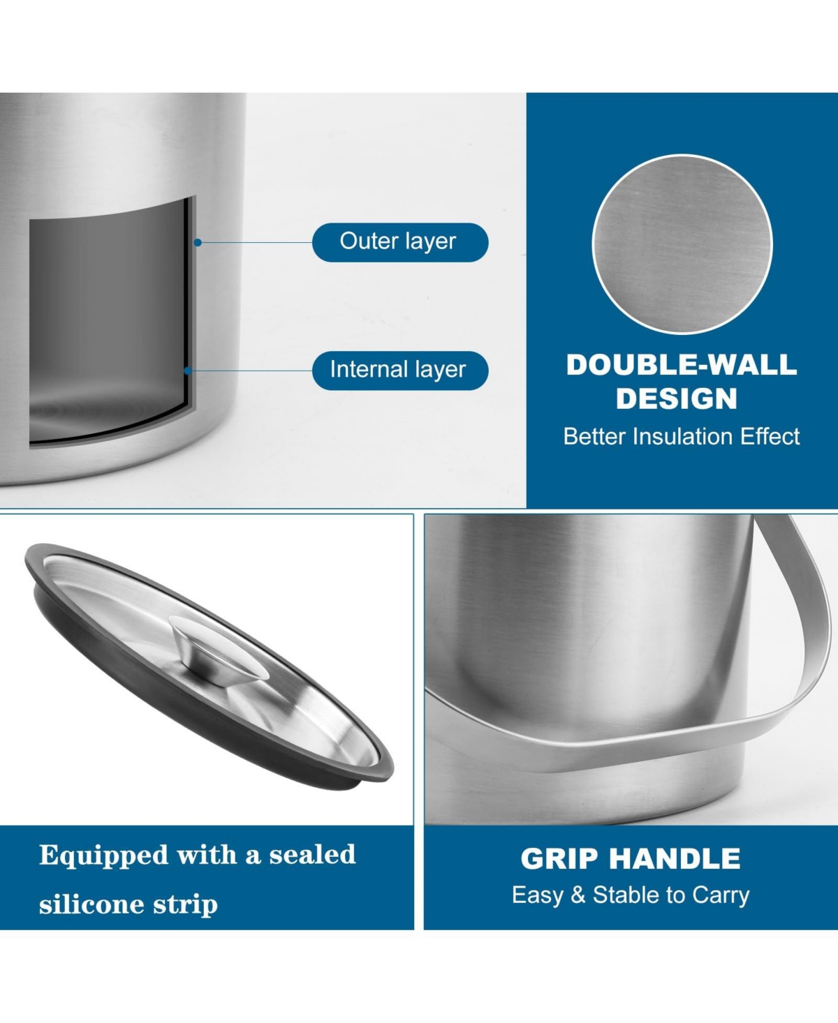 Piscifun Stainless Steel Insulated Ice Bucket With Lid Scoop Tongs For Bar Parties Drinks