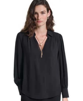 Women's Long-Sleeve Collared Tassel-Detail Blouse