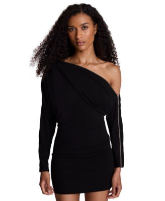 Women's Zipper Shoulder Mini Off-the-Shoulder Long-Sleeve Body-Con Dress