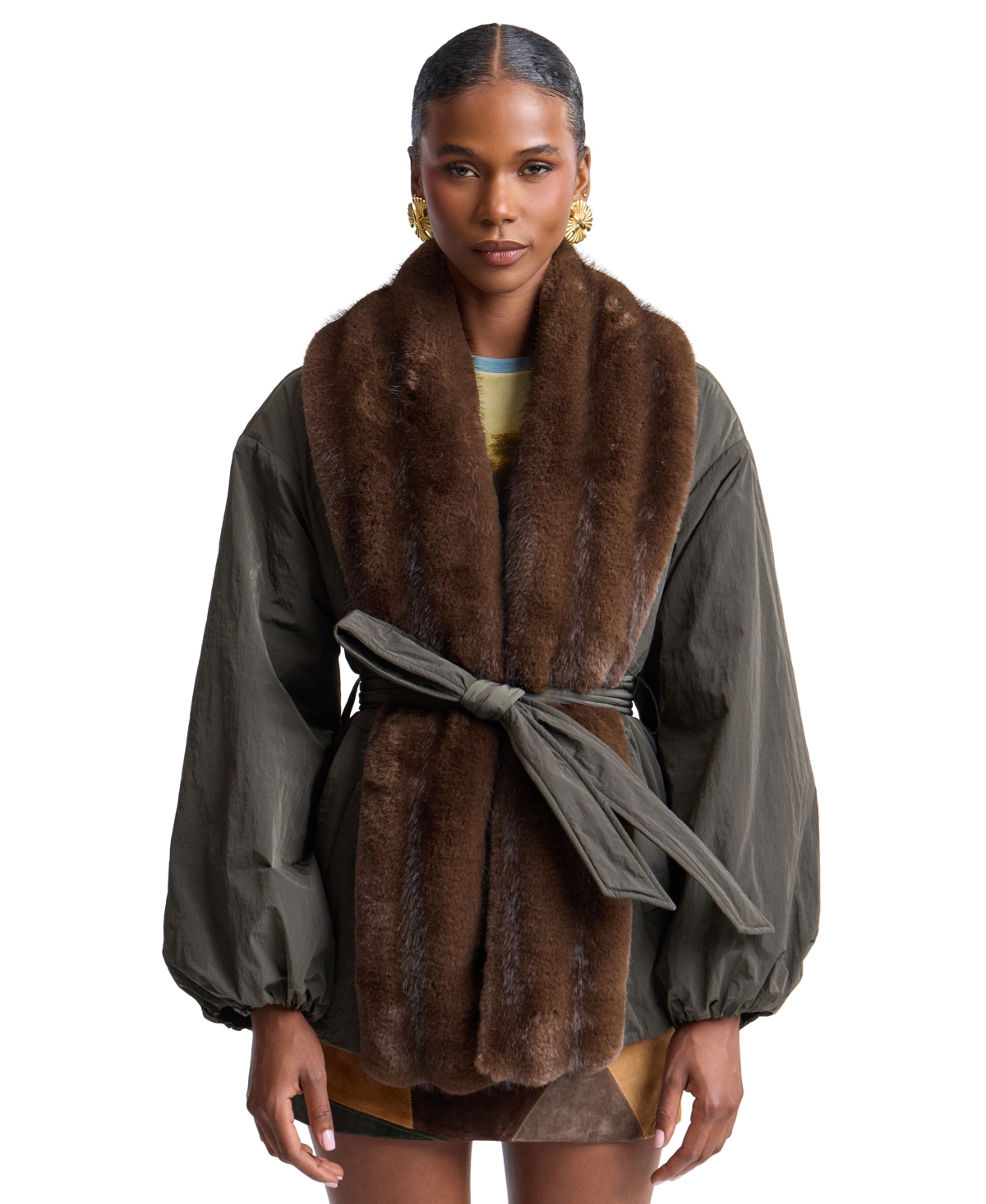 Avec Les Filles Women's Belted Faux-Fur-Trim Shawl Collar Puffer Jacket - Dark Forest Mink
