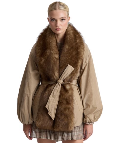 Женская куртка Avec Les Filles Belted Faux-Fur-Trim Shawl Collar Puffer, цвет: Песочный коричневый