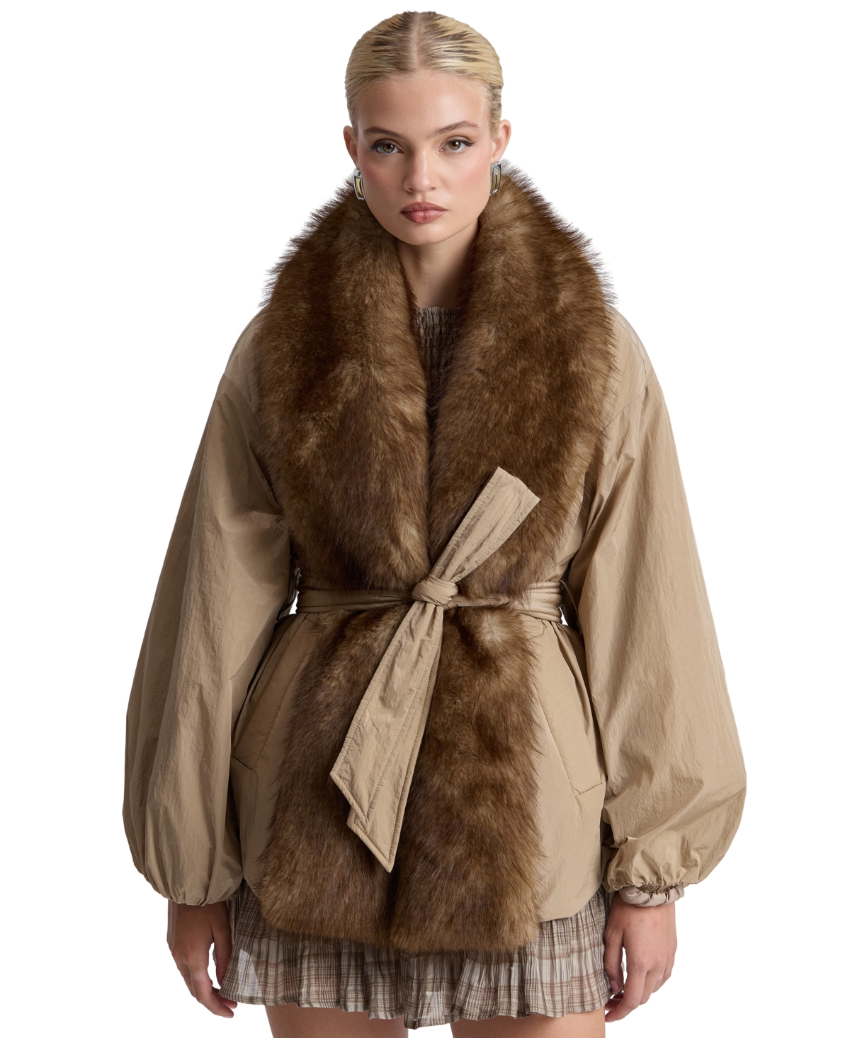 Avec Les Filles Women's Belted Faux-Fur-Trim Shawl Collar Puffer Jacket - Sand Brown