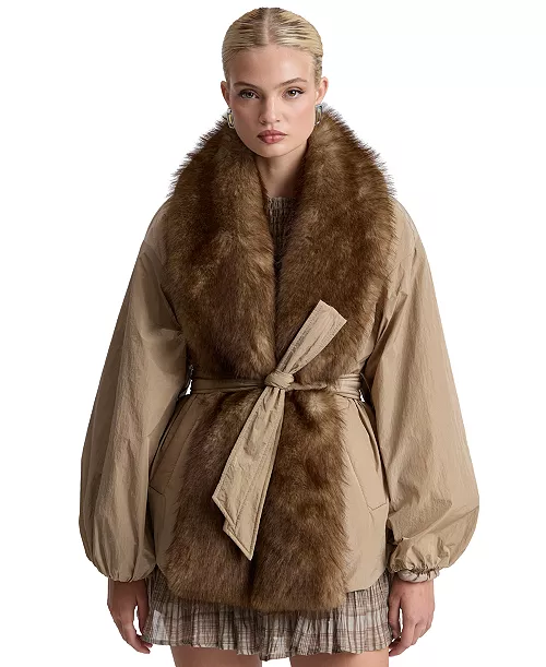 Avec Les Filles Women's Belted Faux-Fur-Trim Shawl Collar Puffer Jacket
